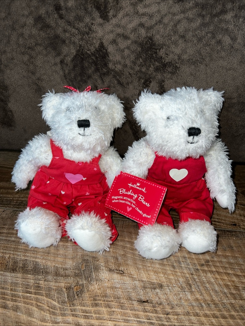 Retro Hallmark White Plush Kissing Bears in Red Outfits